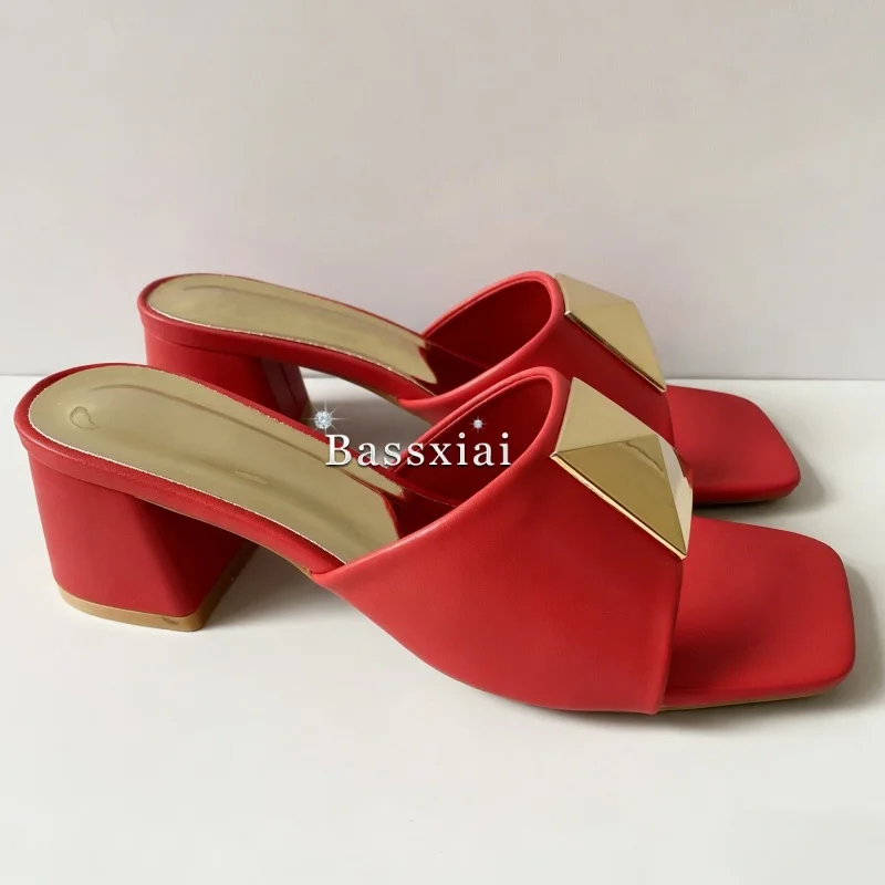 Concise Style Slingbacks Outwear Mules Summer Med Heel Big Rivet Decor Slim Sandals Women