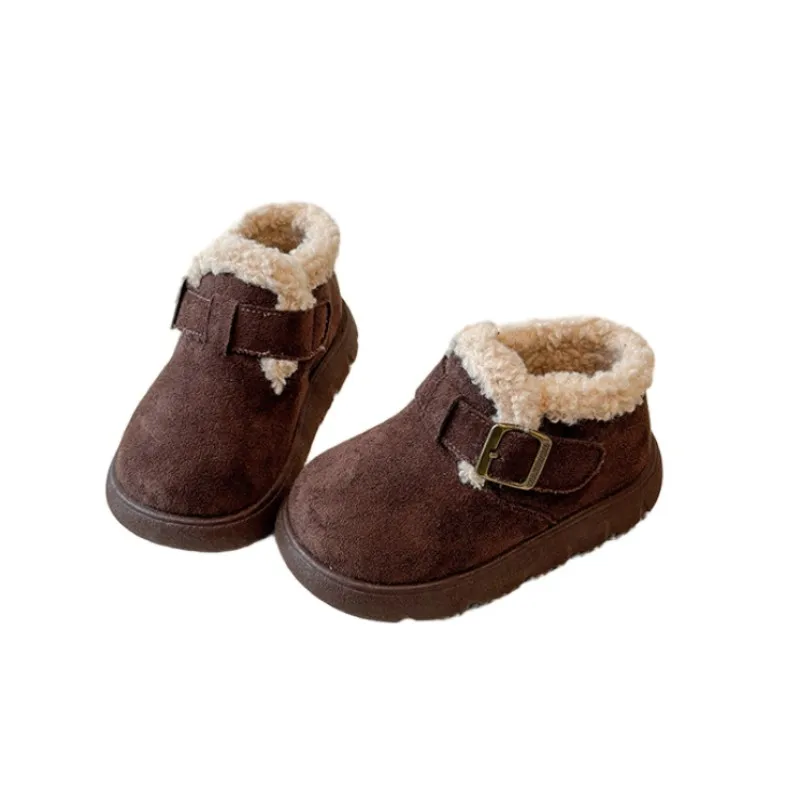 Girls' coffee colored card with velvet sports shoes 2025 winter new item baby cotton shoes boys' snow boots casual shoes 23-32