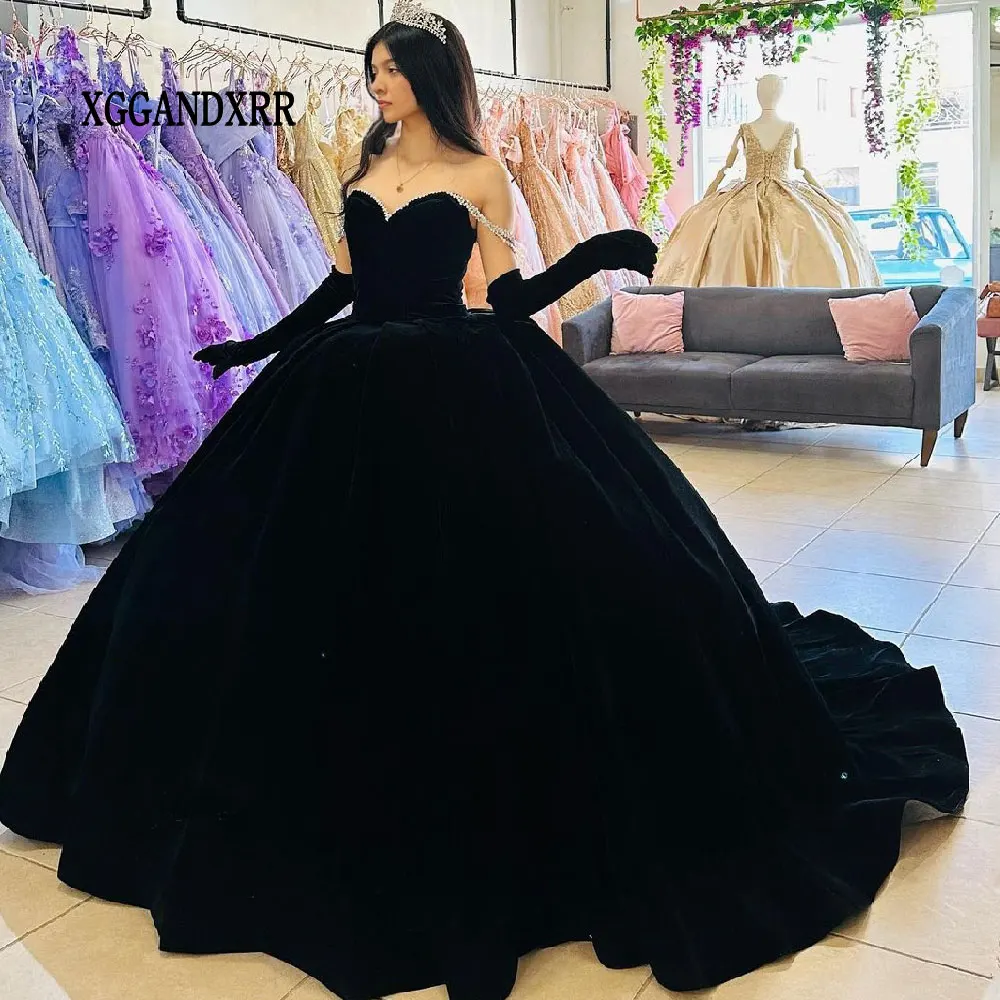 New In Velvet Quinceanera Dresses 2024 Black Green Burgunday Sweet 15 16 Girls Brithday Party Gown Puffy Princess Long Evening