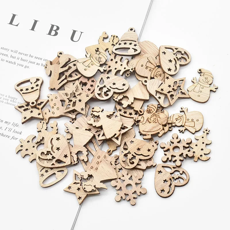 50Pcs Christmas Natural Wooden Chip Santa Claus Snowflake DIY Crafts Xmas Tree Hanging Ornament Pendant Navidad Home Decorations