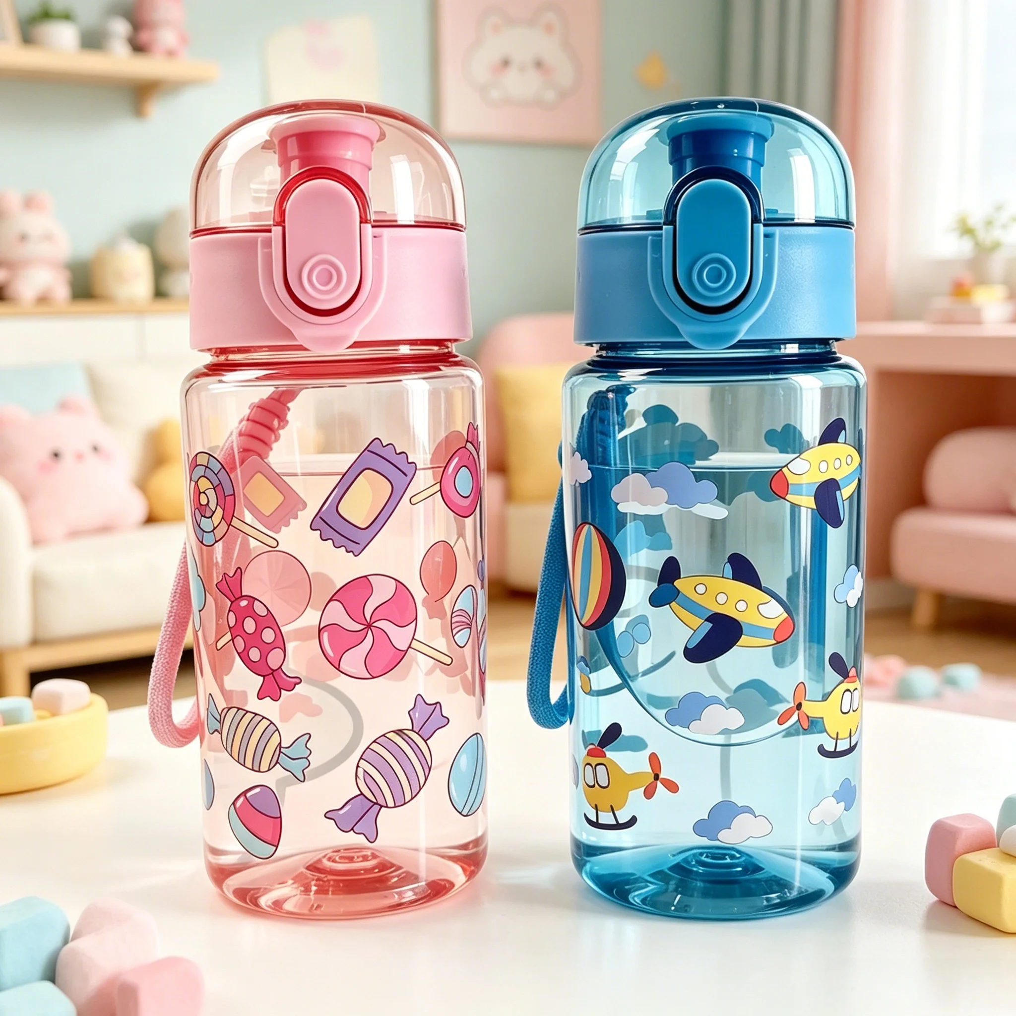 Cartoon Candy & Airplane Pattern Water Bottle, Transparent Stylish Cup, Lightweight Leakproof Reusable, Perfect for Sports