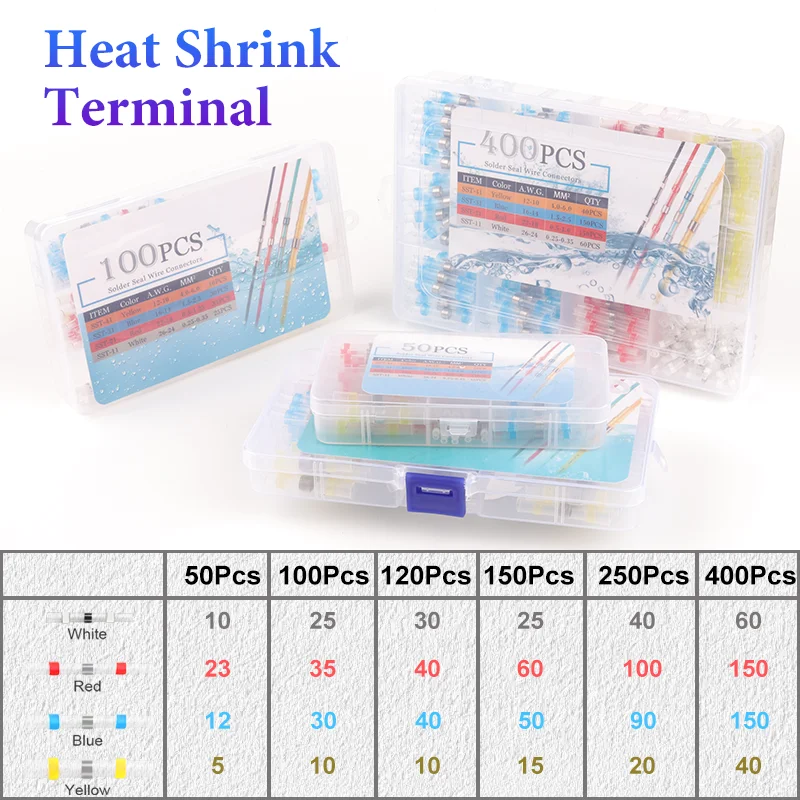 

50/100/120/150/250/400Pcs Boxed Heat Shrink Tin Butt Connectors Waterproof Solder Seal Sleeve Splice Terminals 26-10AWG 0.25-6mm