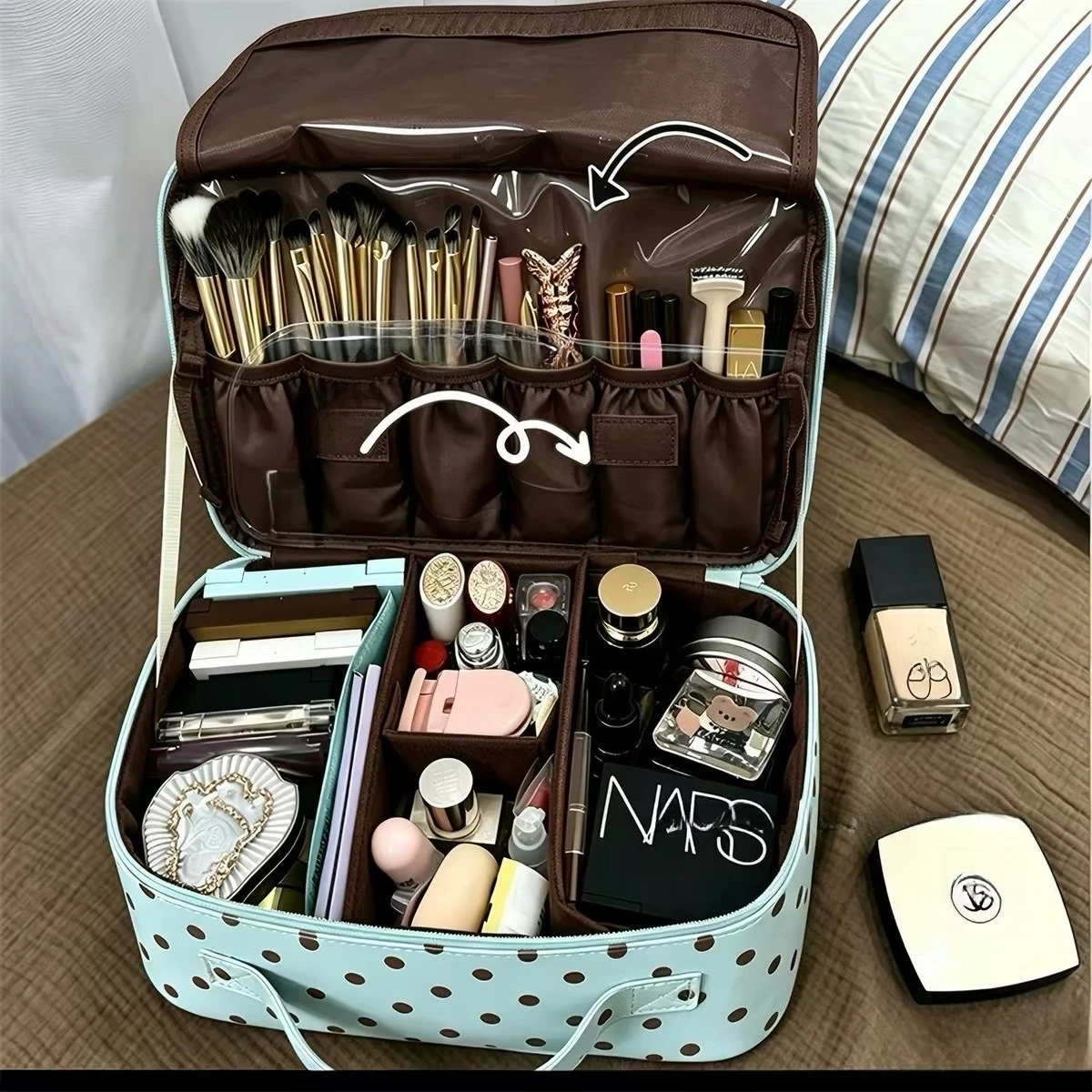 Large Capacity Polka Dot Makeup Bag for Women Folding Cube Travel Cosmetic Bag Portable Zipper Toiletry Storage Pouch for Trip