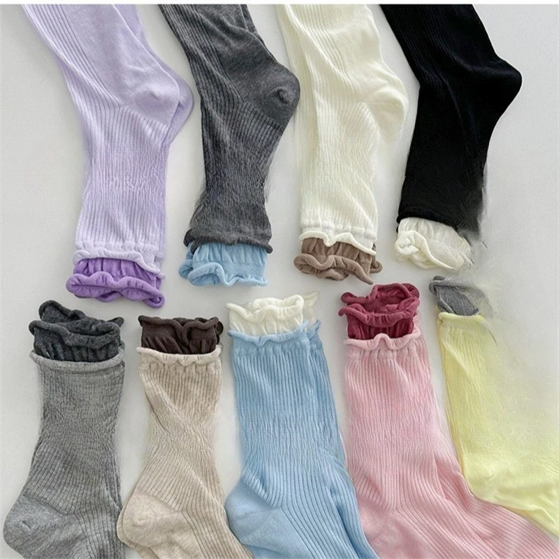 

9 pairs Fashionable Women's Summer Spring Socks Color Pile Pile Stockings Thin Transparent Sweet Style Small women Socks