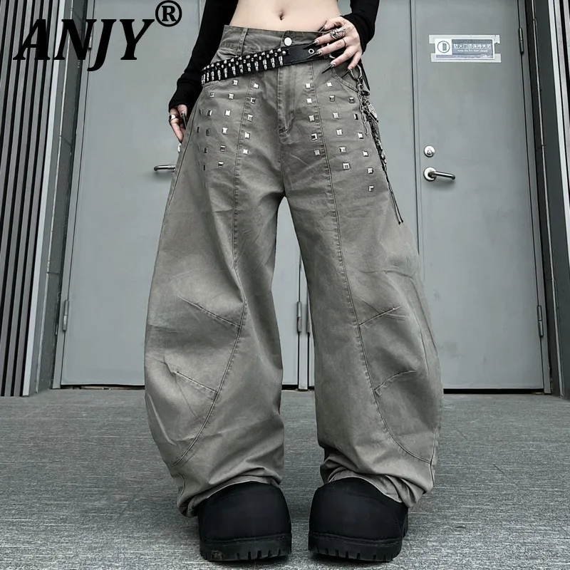 

ANJY Spring Autumn New Women Heavy Rivet Deconstructed Patchwork Pleated Jeans American Style Loose Wide Leg Denim Pants A21204