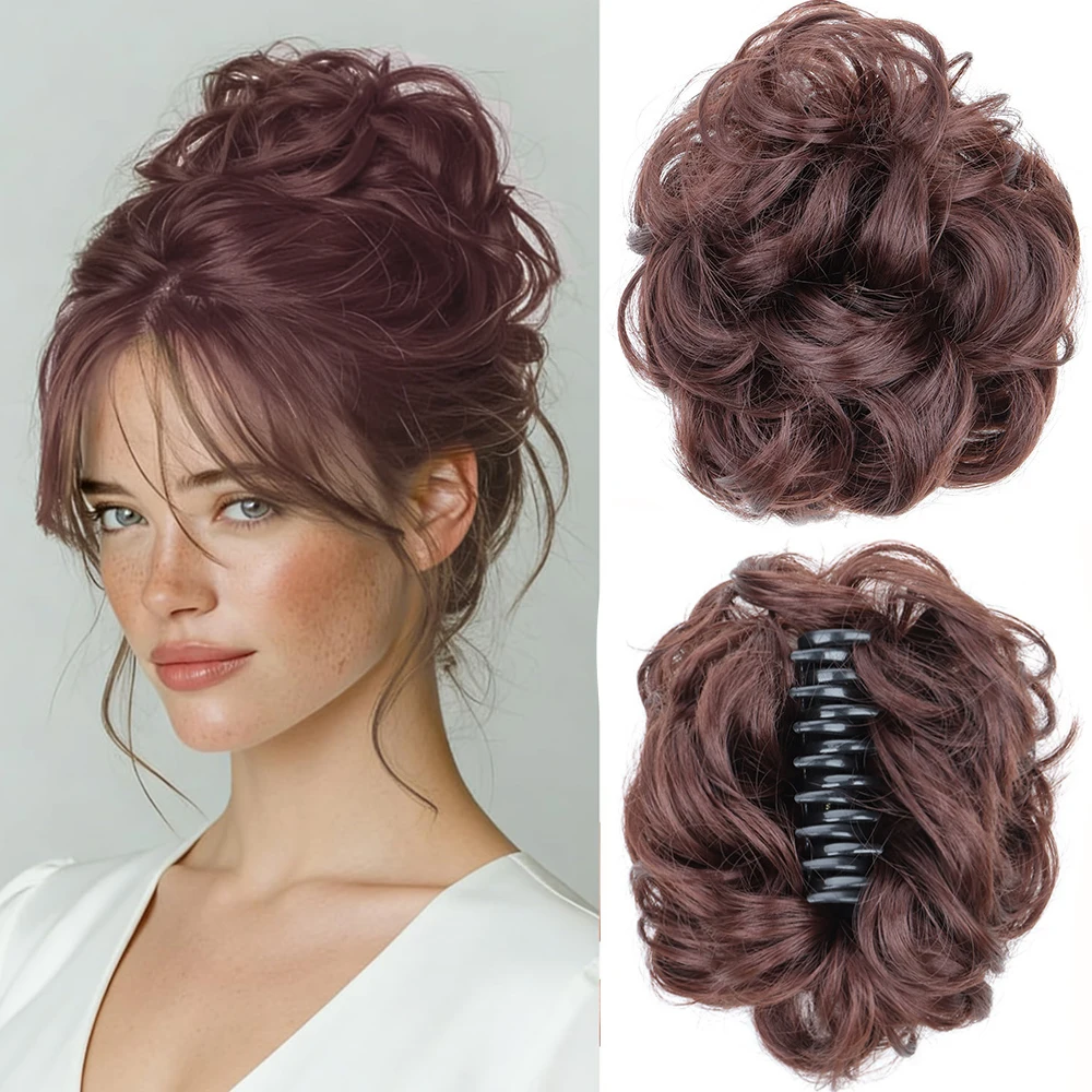 Synthetischer Messy Bun Haargummi mit Haarklammer, Haarverlängerung aus Hochtemperaturfaser, Flauschiger Chignon für Frauen – Detail 10