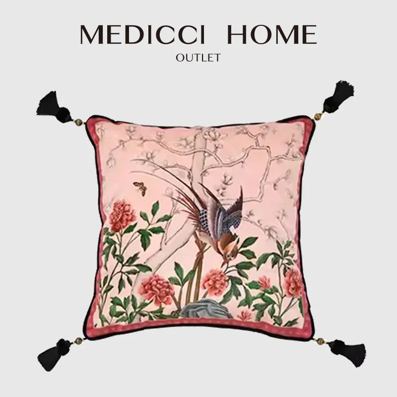 

Medicci Home Decorative Pillowcase Retro Pink Birds And Branches Living Room Backrest Bedroom Nordic Sofa Cushion Cover 45x45cm