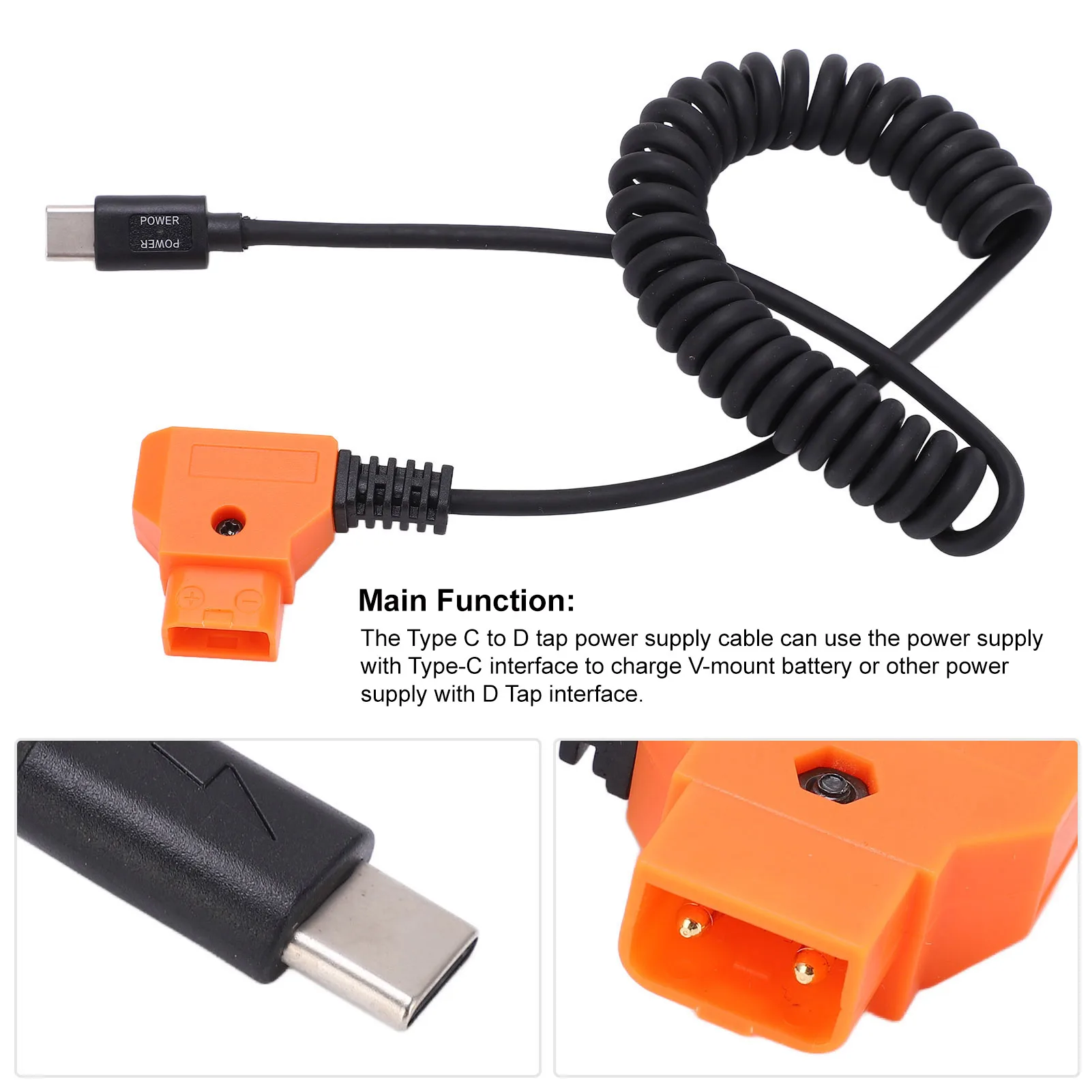 USB C Power Flexible Cable to D Tap Coiled Power Cord for V Mount Battery Power Supply Cable USB C to D Tap Power Trigger
