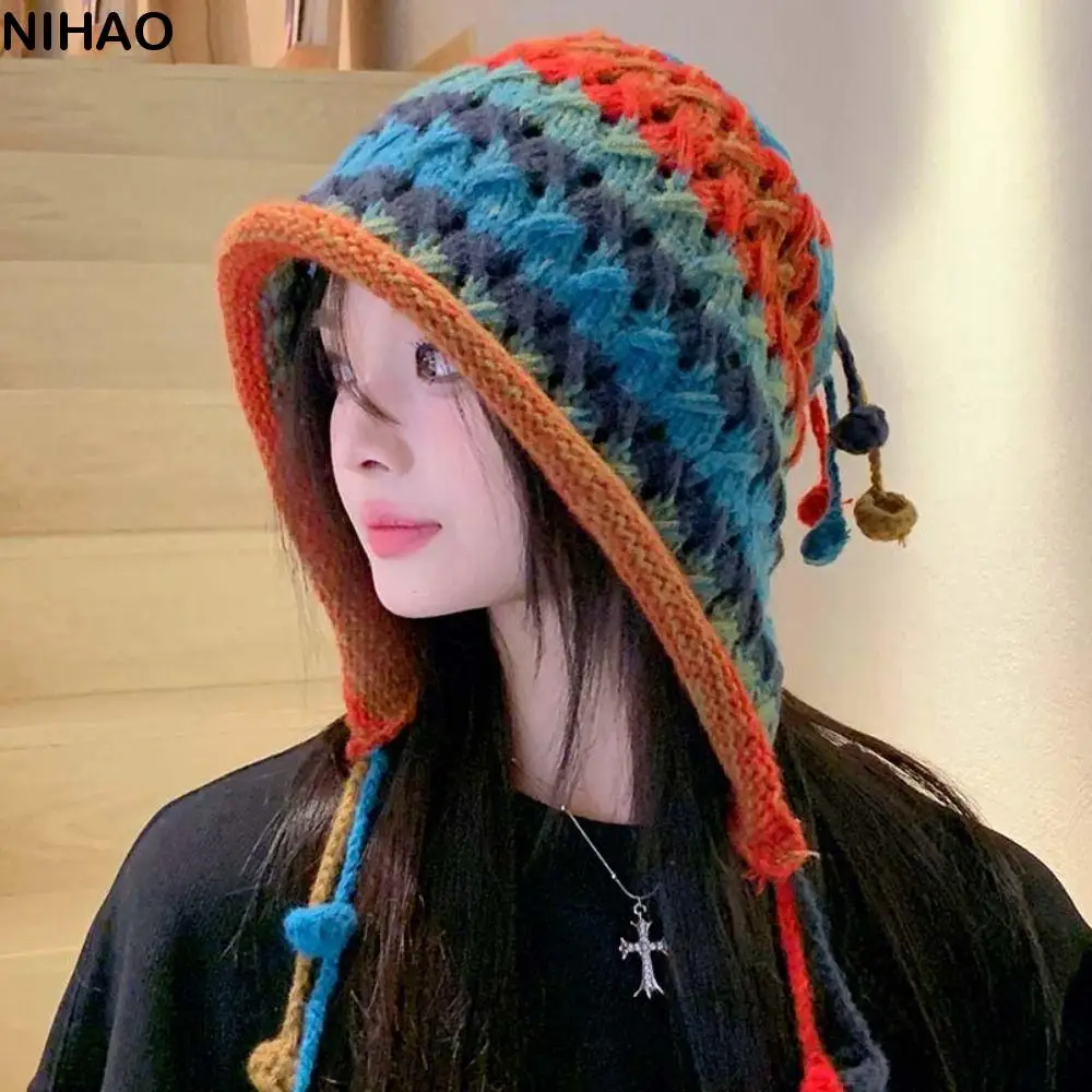 Ear Protection Tassel Ball Knitted Hat Japanese Style Windbreak Rainbow Knitted Beanie All-match Stripe Winter Hat