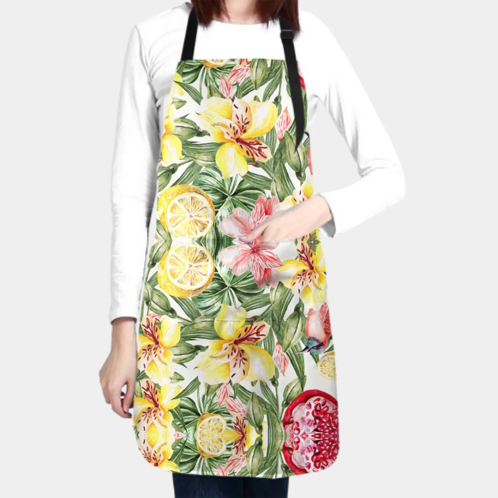 Durable Yellow Lemon Apron for Women Men Kitchen Florist Cooking Overalls Waterproof Apron with Pockets Chef Green Leaves Apron