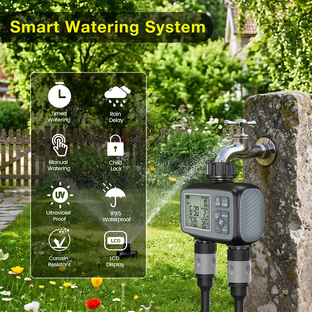 2-Outlets Water Timer Programmable Garden Hose Sprinkler Timer for Yard Lawn Faucet Automatic Irrigation Valve Controller