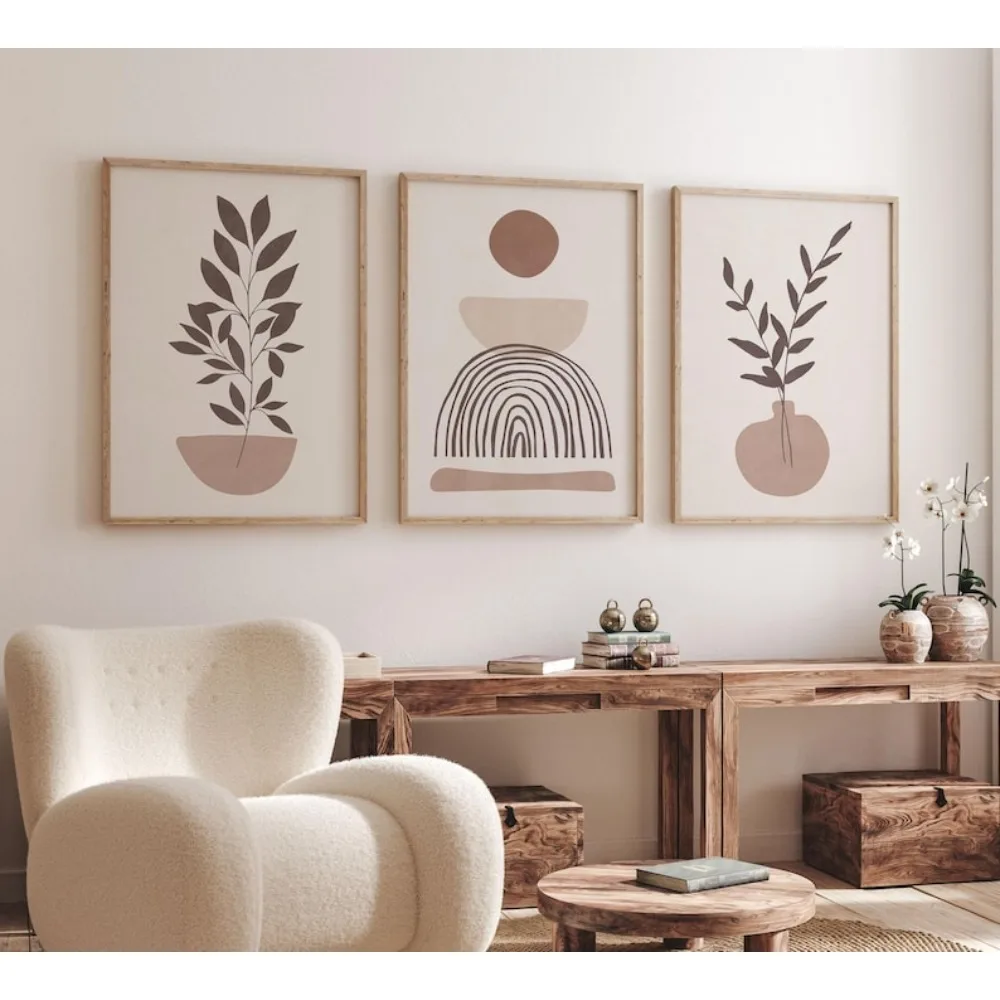 Conjunto de carteles de arte bohemio Pastel imprimible, impresión de estilo moderno abstracto neutro, impresión de arte geométrico de tonos beige, impresiones de arte escandinavo