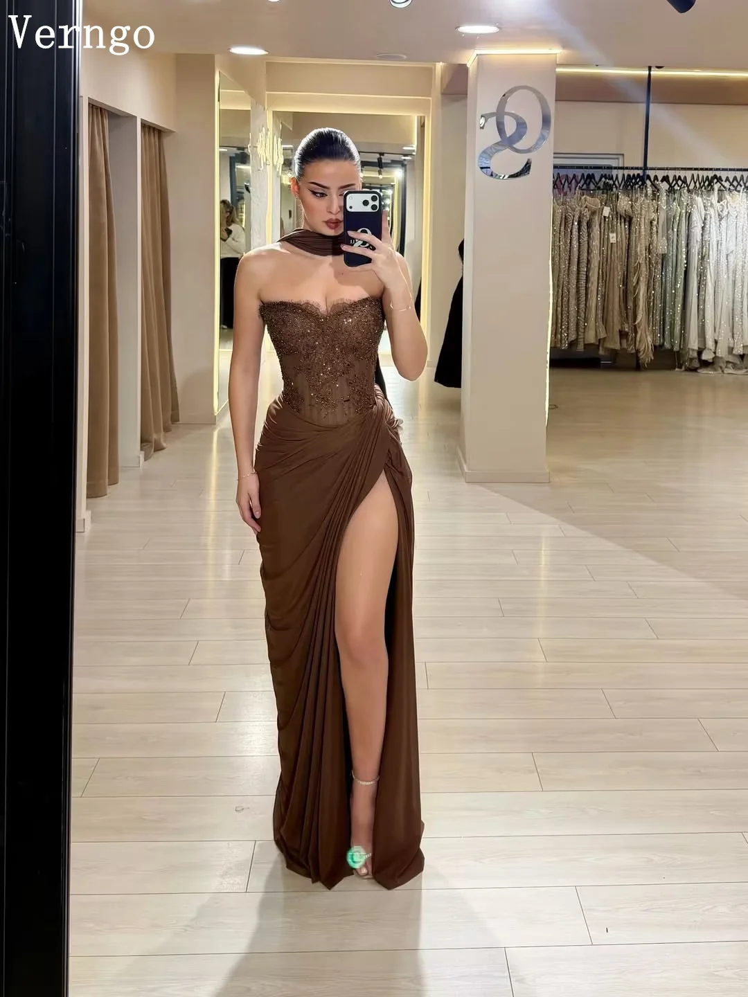 Verngo Brown Chiffon Evening Dress Sequined Strapless Mermaid Side Slit Prom Gowns Women Modern Party Dress Customized image 3