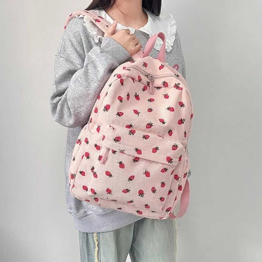 Strawberry Corduroy Backpack Lightweight Large Capacity Students School Bag Adjustable Shoulder Straps Solid Color