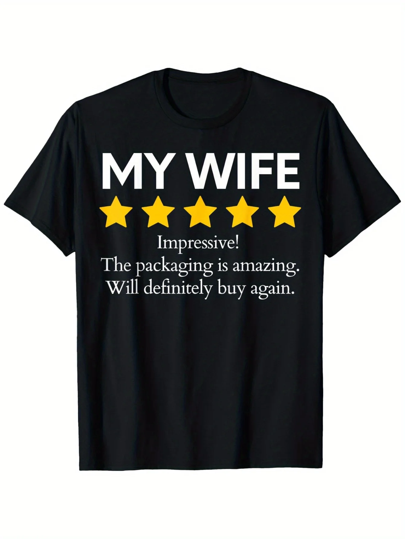Funny Wife Shopping Pun T-Shirt- My Wife Five Star Rating Saying- Men'S Women'S  Casual Round Neck Tee- Black Shirt with White Yellow Text- Sizes - Funny Marriage Gift for Husband Or Wife- Birthdayanniversary Present- Mach