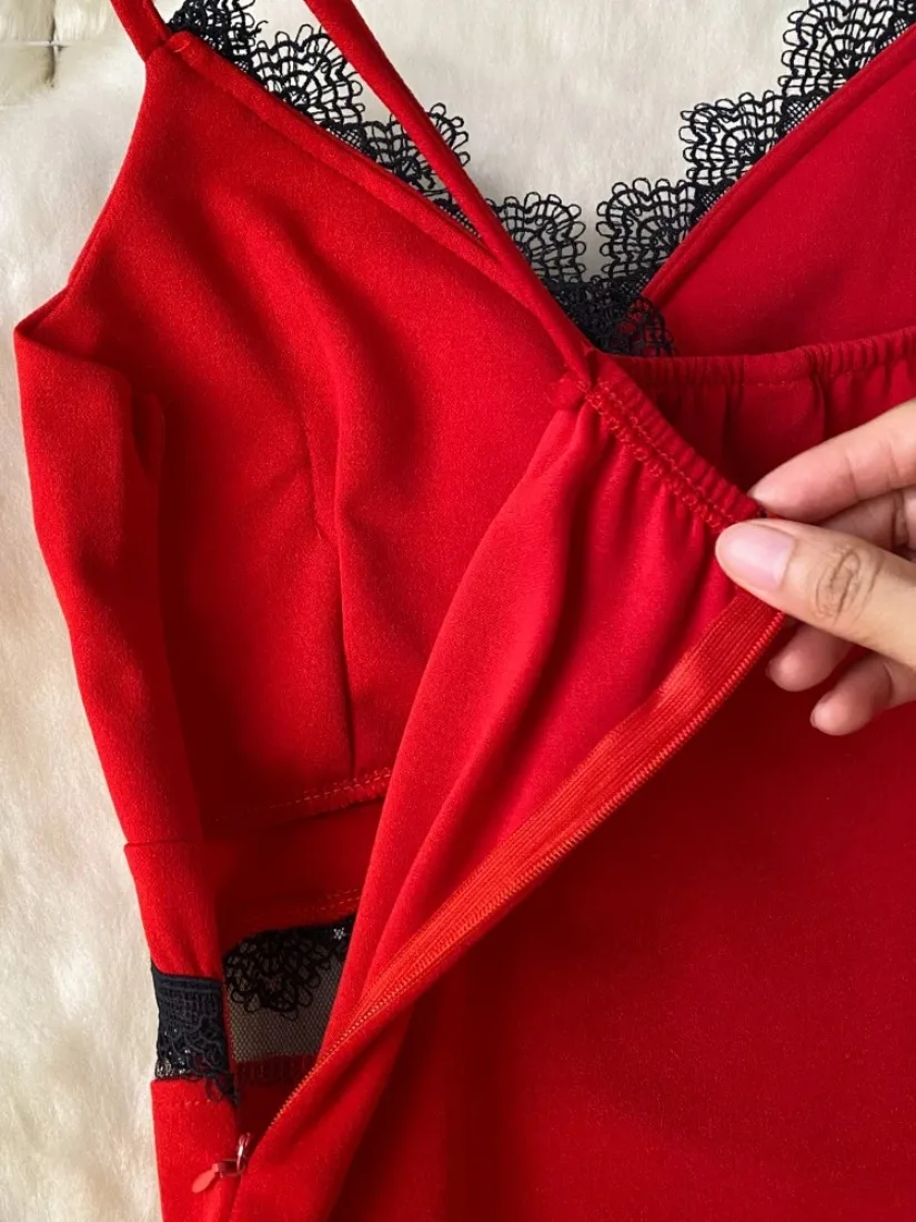 ssTss Women's Lace Trim V-Neck Spaghetti Strap Dress Sheer Mesh High Waist Mini Bodycon Dress for Party Club