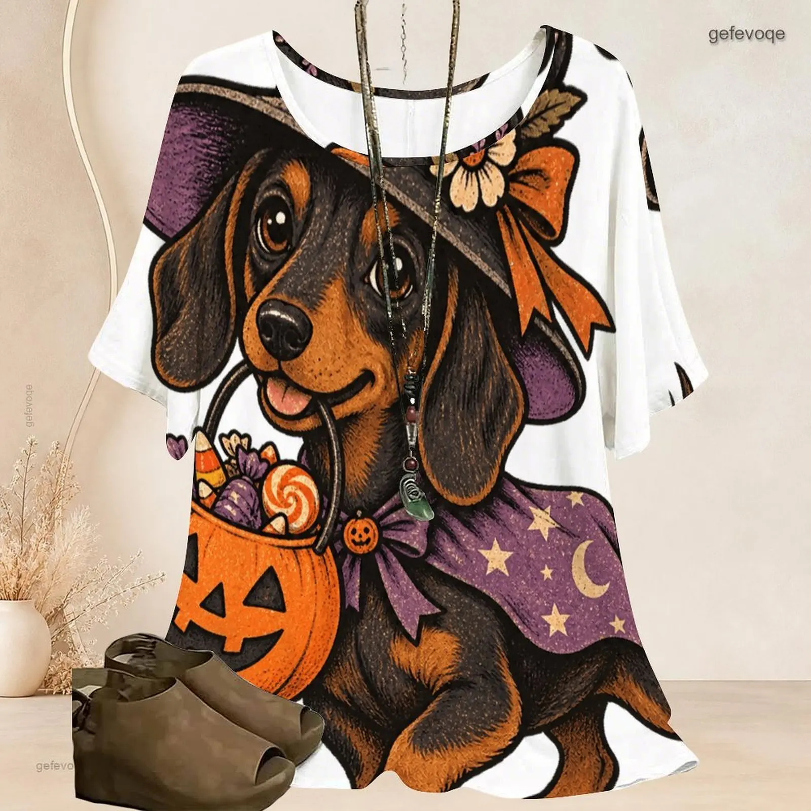 Women White Printed Halloween Witch Dachshund Dog Round Neck Loose Batwing Short Sleeve Top