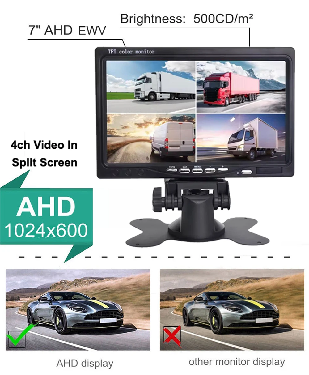 iPoster 7 Inch IPS Screen Qaud Monitor Split Screen 12v 24v 2x 4PIN Rear View Reversing Cameras CCD Sensor IR LEDs Night Vision IP68 Waterproof Metal Case Heavy Duty 2x 10m For Truck Rv Caravan Trailer