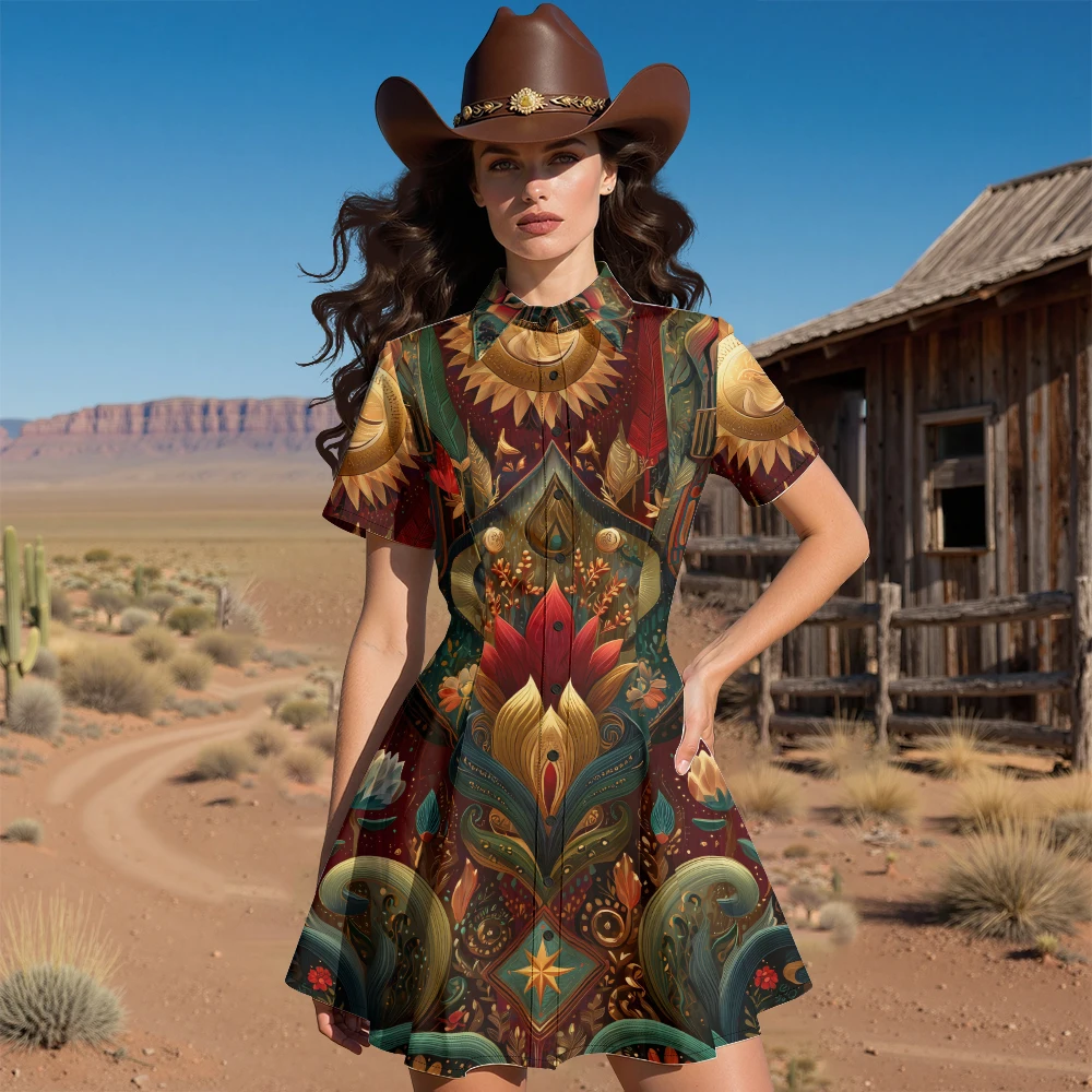 Vestido feminino vintage estilo ocidental com botões boêmio estampa de girassol vestido casual manga curta ​ Vestido Boho Chic para Diário