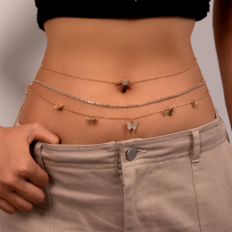 3pcs/set Sexy Layered Waist Chain Set – Butterfly Charms on Sleek Metal Strands, a Thoughtful Gift for Her.