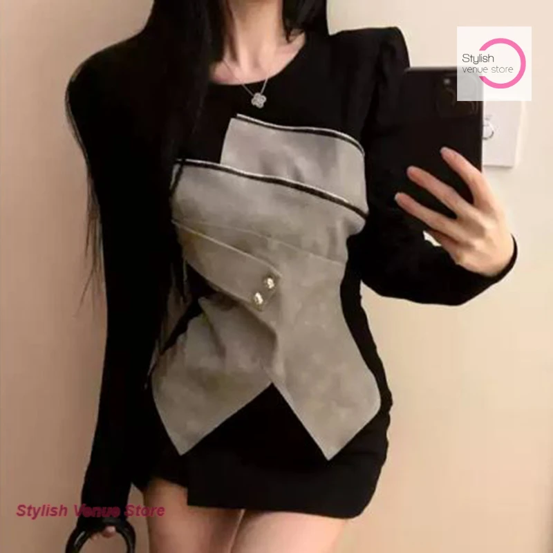 

Korean-style gray spice girl irregularly spliced round neck long sleeve T-shirt women's autumn design sense bottoming shirt top