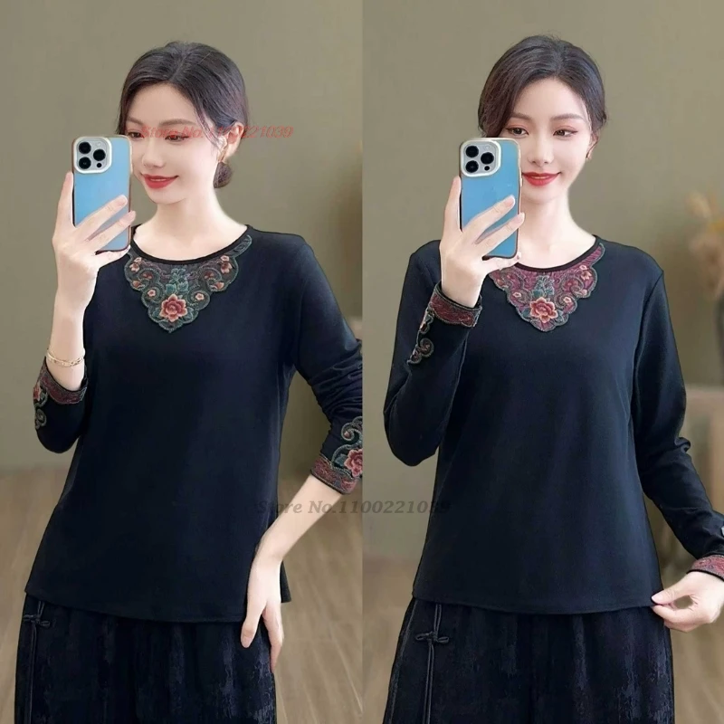 

2024 chinese vintage t-shirt national flower embroidery o-neck folk shirt traditional hanfu tops oriental ethnic base shirt