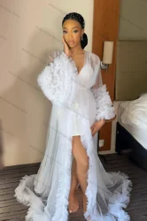 White 2 Pieces Women Maternity Dresses for Photo Shoot Bridal Full Sleeves Tiered Tulle Robe Wedding Prom Dress Customized