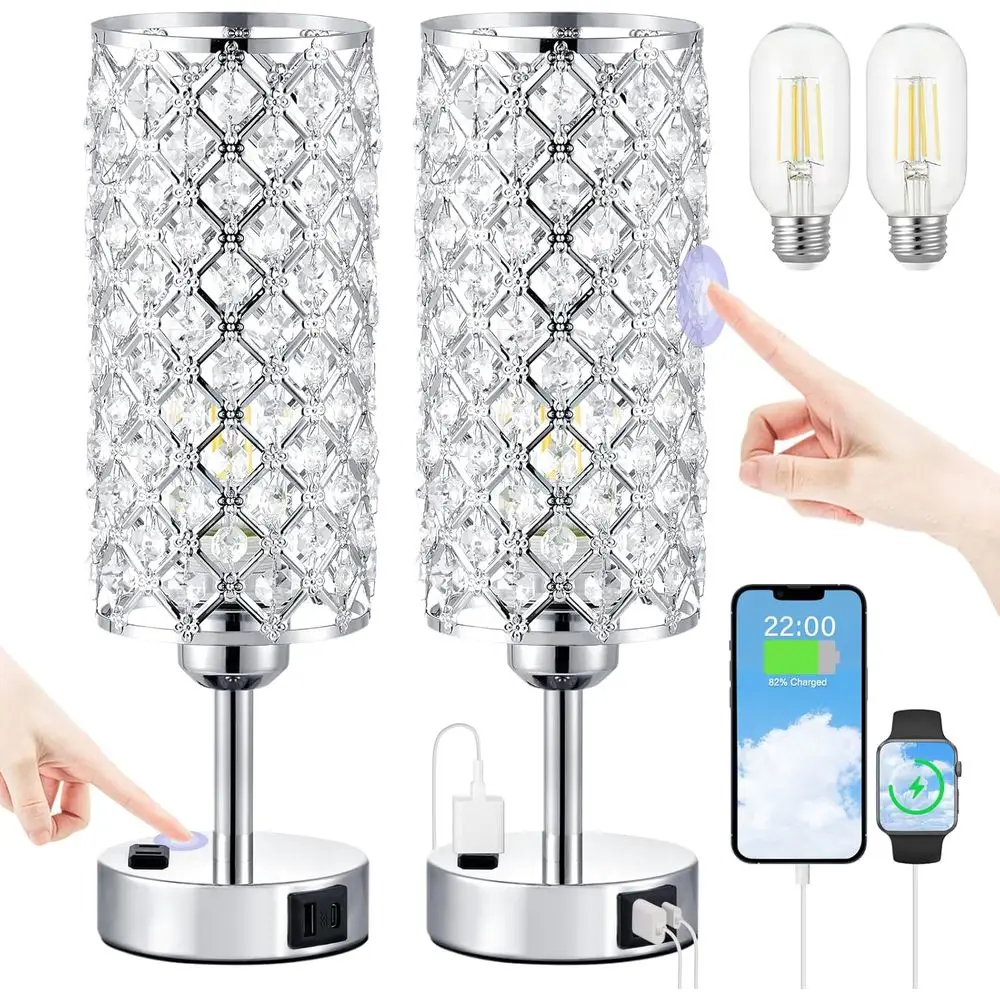 

Набор из 2 хрустальных ламп g-in с сенсорным управлением, серебристые хрустальные настольные лампы с USB-портами C+A и розеткой переменного тока, 3-режимная регулировка яркости, для прикроватной тумбочки