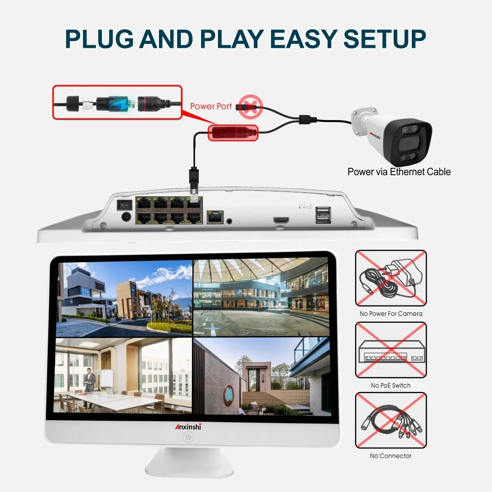 ระบบกล้องวงจรปิดอัจฉริยะ 4K 8CH สำหรับบ้าน พร้อมกล้อง IP POE 8MP จำนวน 4 ตัว ตรวจจับคน/สัตว์เลี้ยง/ยานพาหนะ พร้อมจอ LCD NVR ขนาดใหญ่ 16.5 นิ้ว