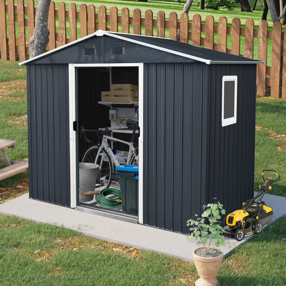 8ft x 4ft Outdoor Metal Storage Shed with Window and Metal Foundation for Backyard, Patio, Lawn (Black and White)