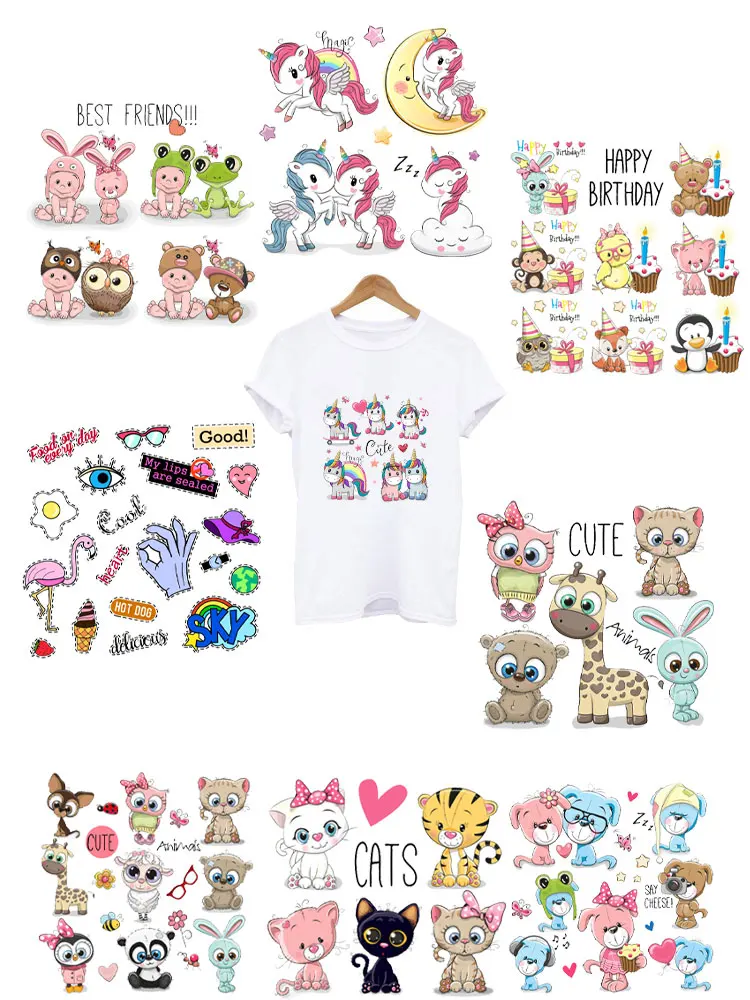 Cute Cartoon Animal Patches Heat Transfer Iron on Patch for T-Shirt Unicorn Children Gift DIY Clothes Stickers Heat Transfer