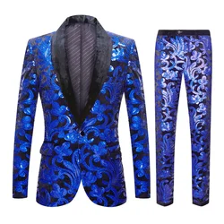 European Size (Blazer + Trousers) Men's Suit Fashion Trend Sapphire Blue Velvet Sequin Wedding Wedding Groom Dress 2 Piece Set