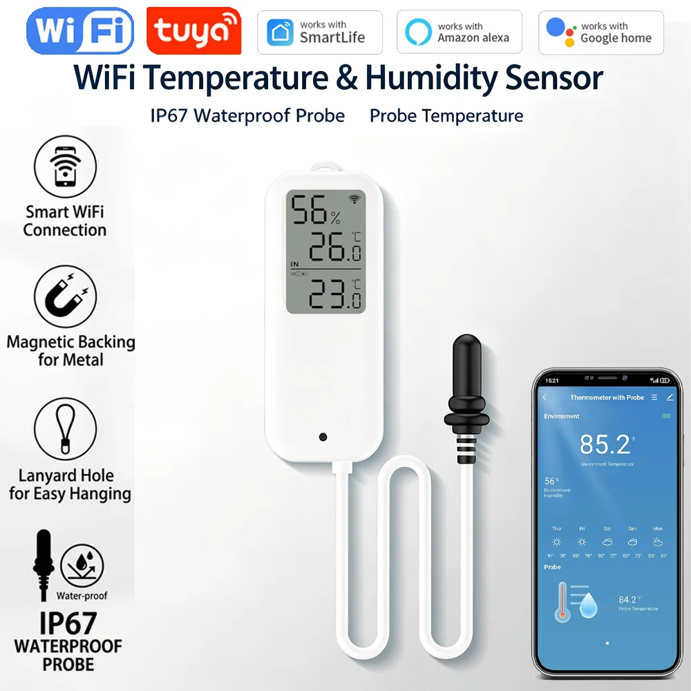 Tuya WiFi Temperature Humidity Sensor Detector Option Indoor Outdoor Waterproof LCD Thermometer Hygrometer with Screen for Alexa