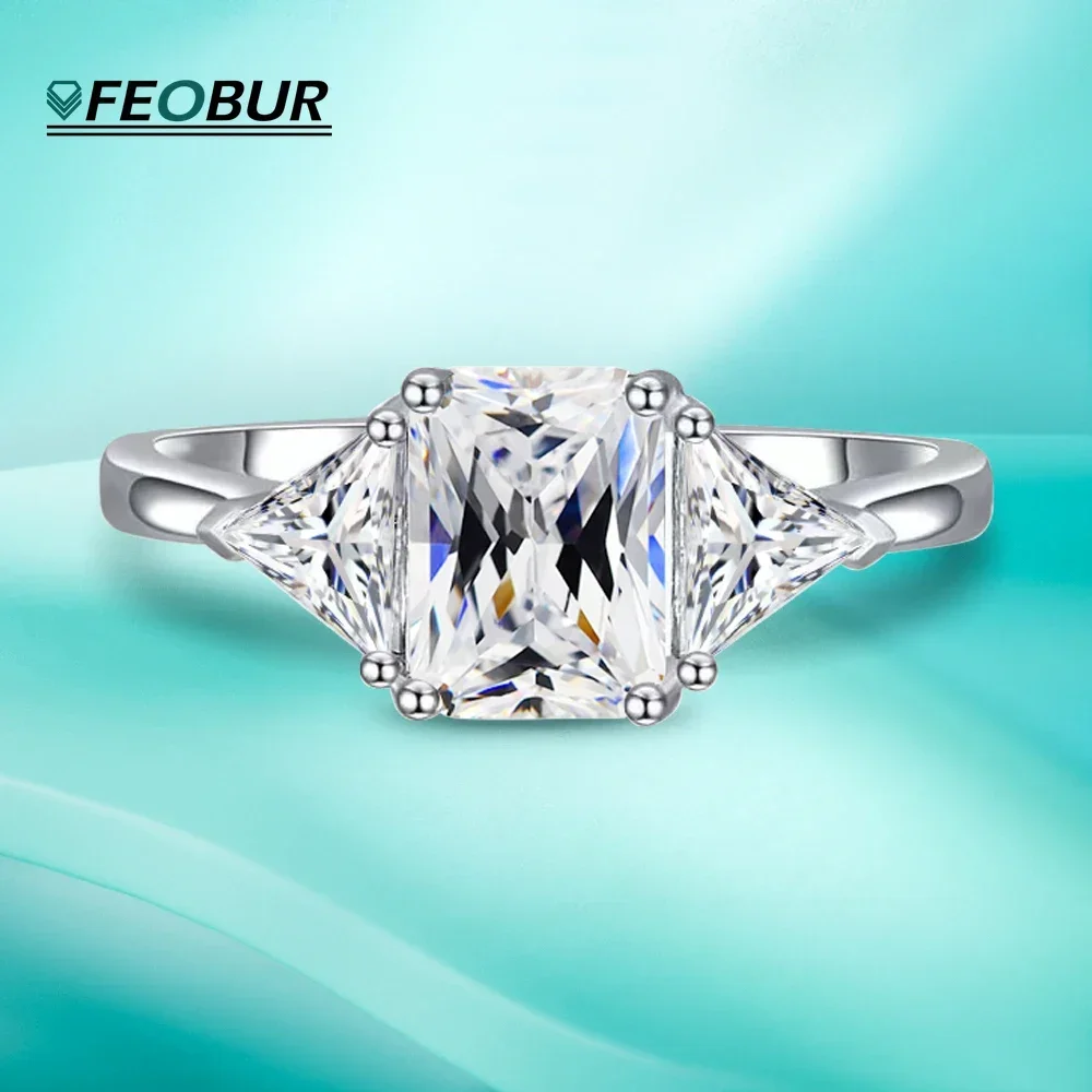 

3-Stone Moissanite Ring for Women Emerald Cut with Triangle Diamond Engagement Rings 925 Sterling Silver Certified Wedding Band