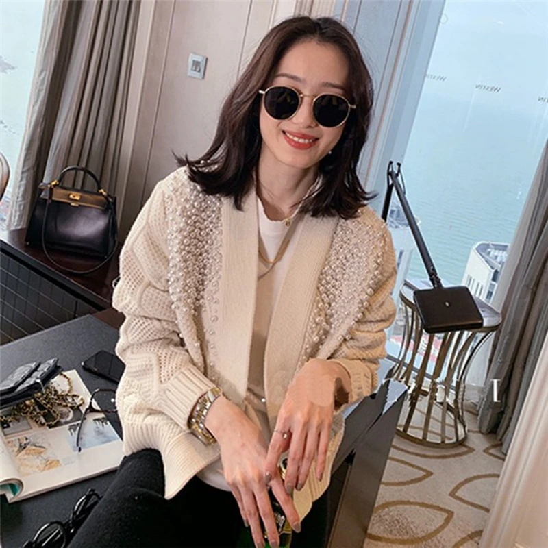 New 2023 Pearls Beading Twist Open Stitch France Vintage Retro V-neck Apricot Cardigans Korea Elegant Sweater For Women Black