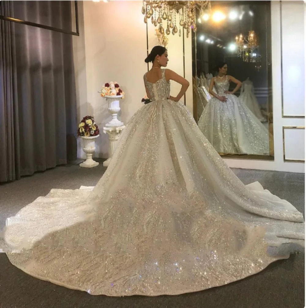 Vestido de novia de lentejuelas brillantes de lujo personalizado, vestido de baile clásico, bata de novia larga, vestido de novia romántico con cuello de corazón y cordones