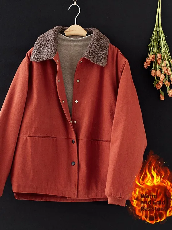 

Retro Thiened Cotton Jaet Women's ort Pure Color Fce Lined Warm Outerwear Winter New Sle Ladies Collar Coat