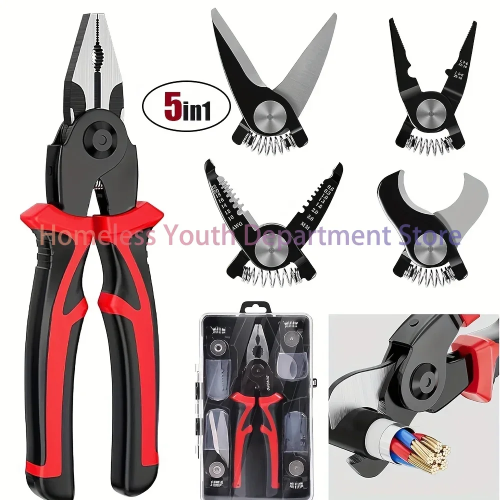 5 In 1 Multifunctional Pliers Replaceable Steel Wire Pliers Wire Stripping Interchangeable Head Tool Special For Electricians