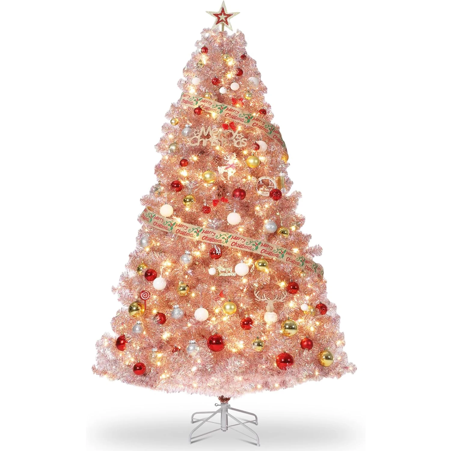 

7.5Ft Rose Gold Artificial Full Prelighted Christmas Tree with Sturdy Metal Stand Realistic Branch Tips Xmas Holiday Decoration