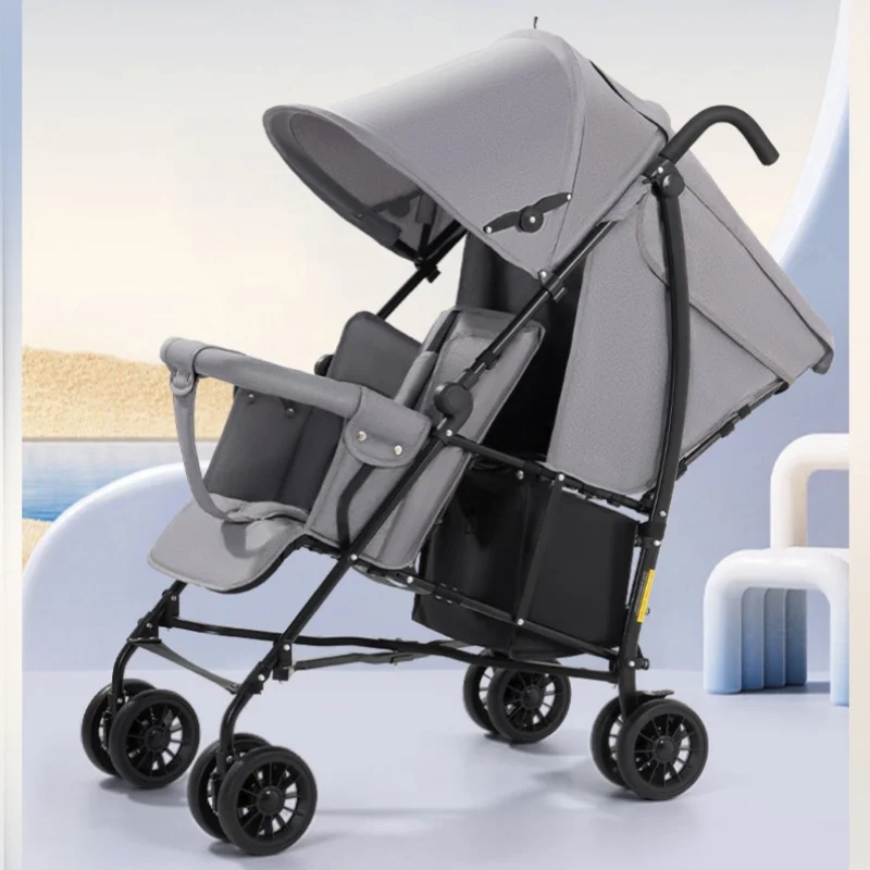 

Twins' baby stroller - double seat, can sit or lie down. Front and rear seats are lightweight and can be folded.