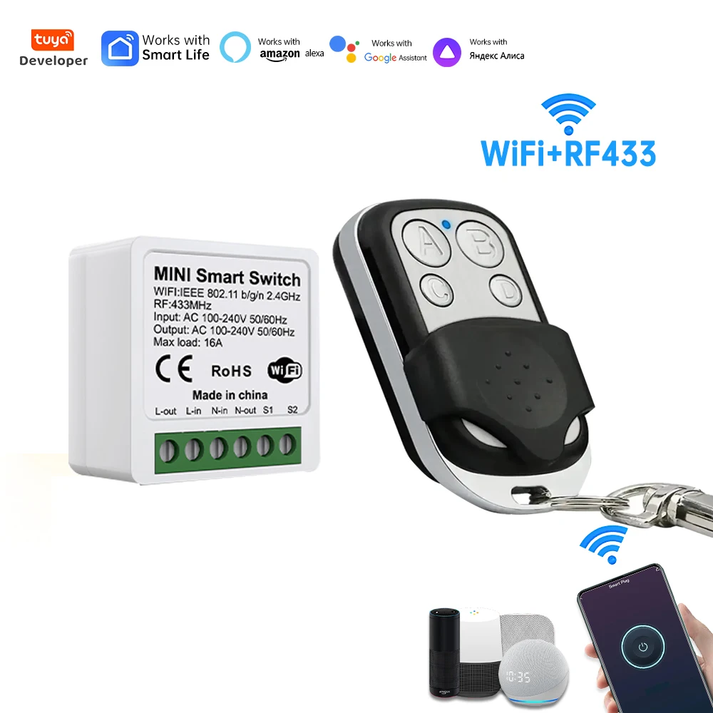 Interruptor Mini Inteligente WiFi 16A Sem Fiação, Controle Remoto RF433, Programação de Timer, Controle de 2 Vias, Alexa, Google, APP Tuya para Automação Residencial