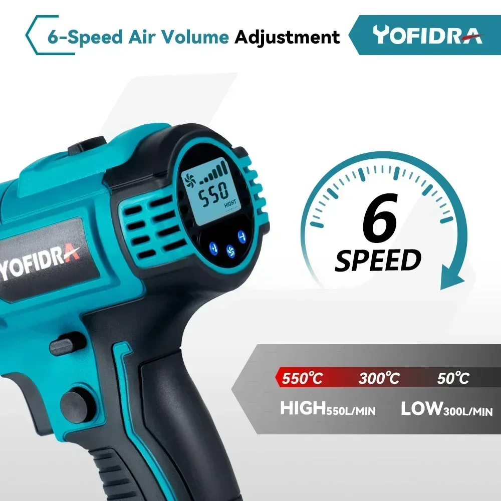 Yofidra 550℃ 2500W Heat Hot Air Gun 2 Gears Wind Speed 6 Gear Optional LED Display Cordless Heat Gun for makita 18V Battery