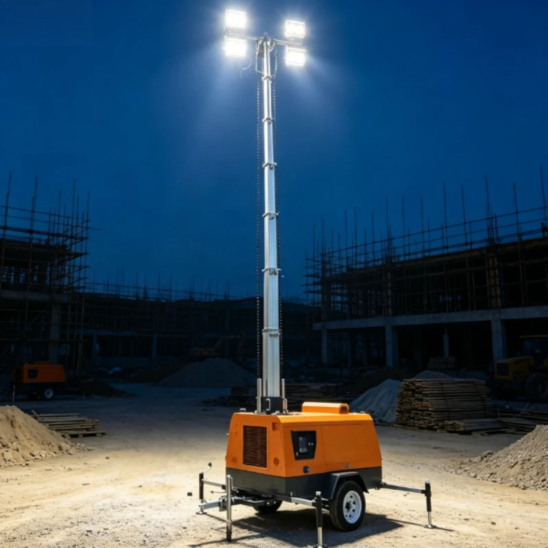 Mobile Lighting Tower 9m Telescopic Mast Portable Wheeled Chassis Four LED Lamps For General Construction Night Work