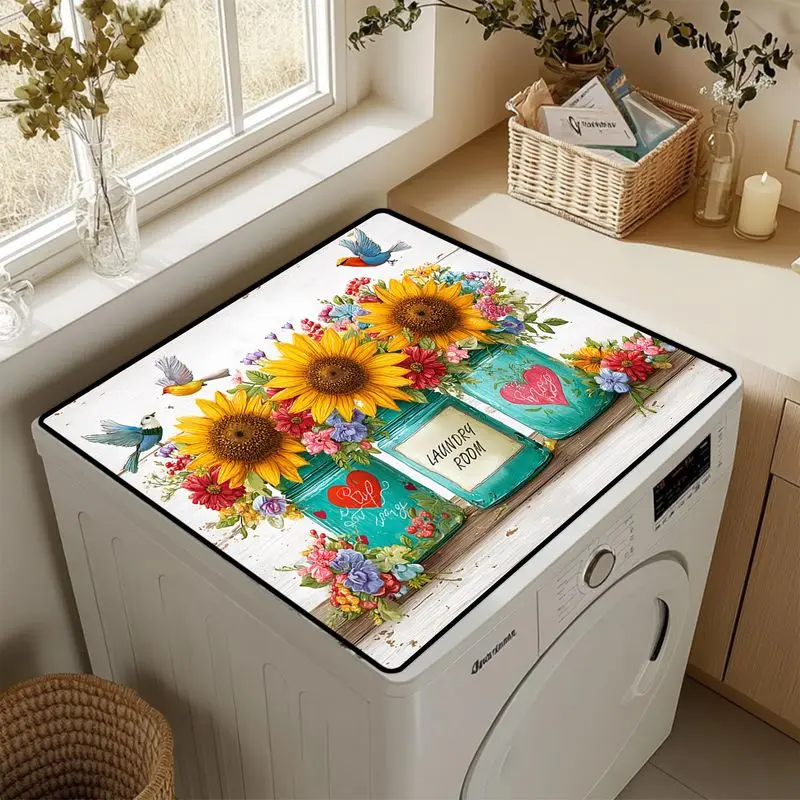 VIKAMA Sunflower Mason Jar Bird Washing Machine Top Mat Rustic Wood Blue Bottle Laundry Text Floral Black Edge Water Resistant