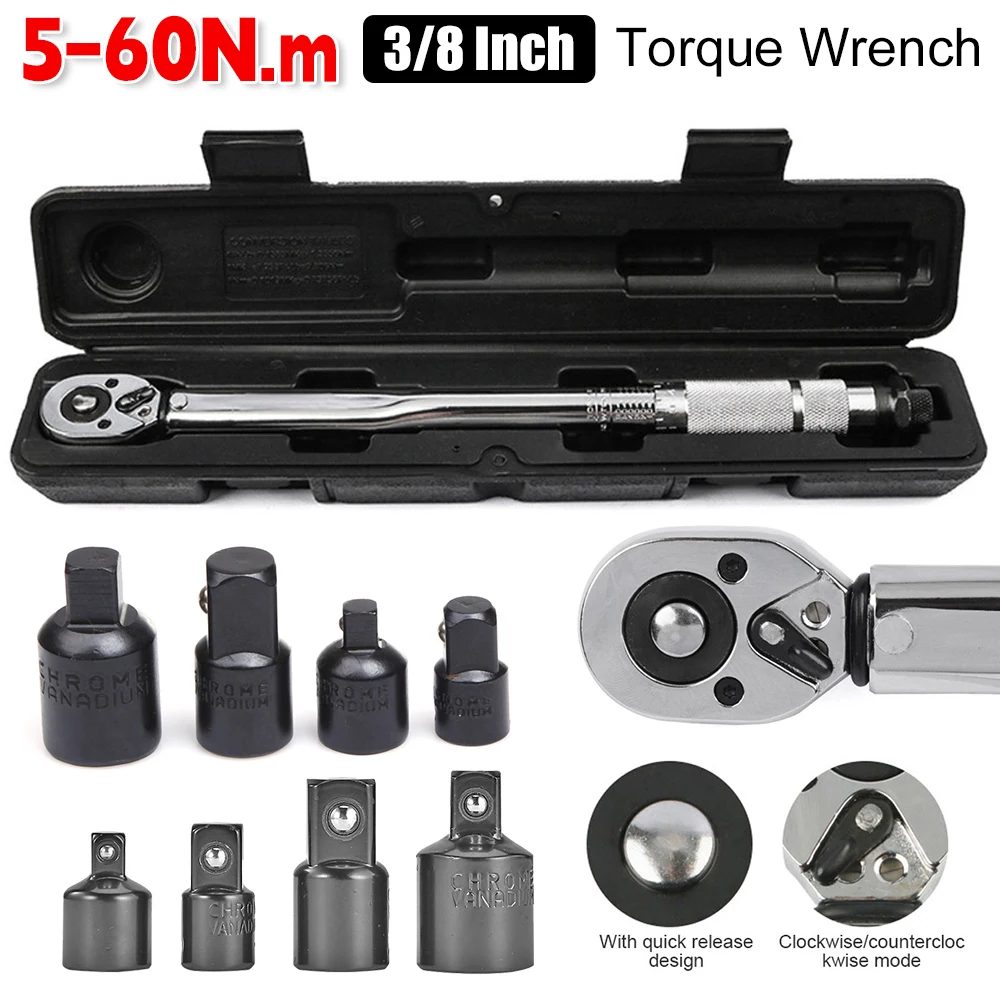 5-60N.m Precise Torque Wrench Reversible Ratchet Key 3/8 Adjustable Square Drive Spanner Adapter Precise Preset Car Repair Tool