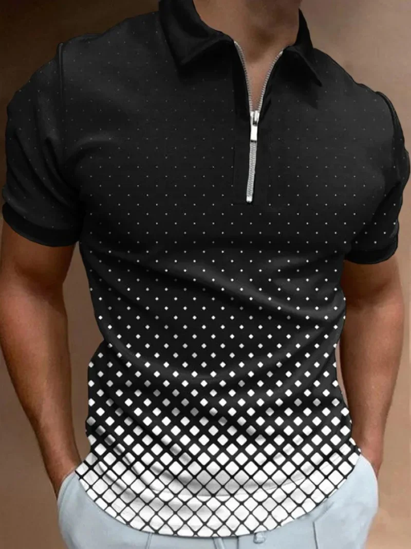 2023 Polo T Shirt for Men Summer Chic Plaid Stripe Golf Casual polo shirts Polo Shirts Collar Zipper Design Men Street Clothes image 5