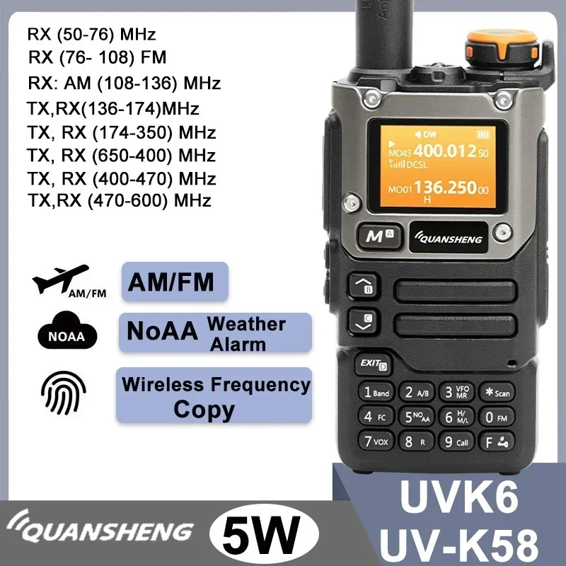 

Quansheng UV-K6 Walkie Talkie 5W UV-K58 UV-K5(8) Two Way Radio 50-600MHz Full Band Receiving Type C Charge Air Band DTMF NOAA