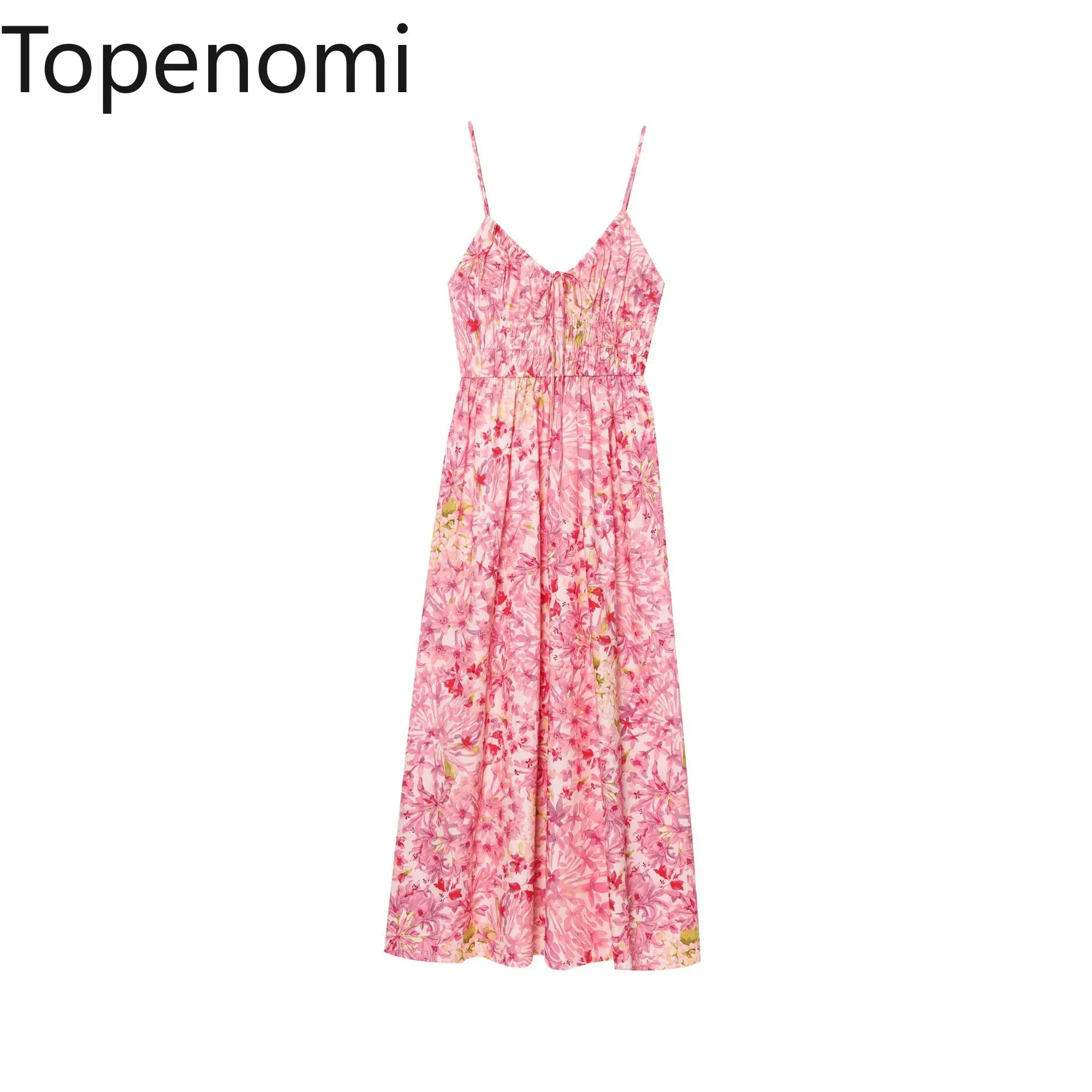 

Topenomi Floral Print Spaghetti Strap Long Dress Women Summer Vacation Style V Neck Tied High Waist Slim Pleated Beach Dresses