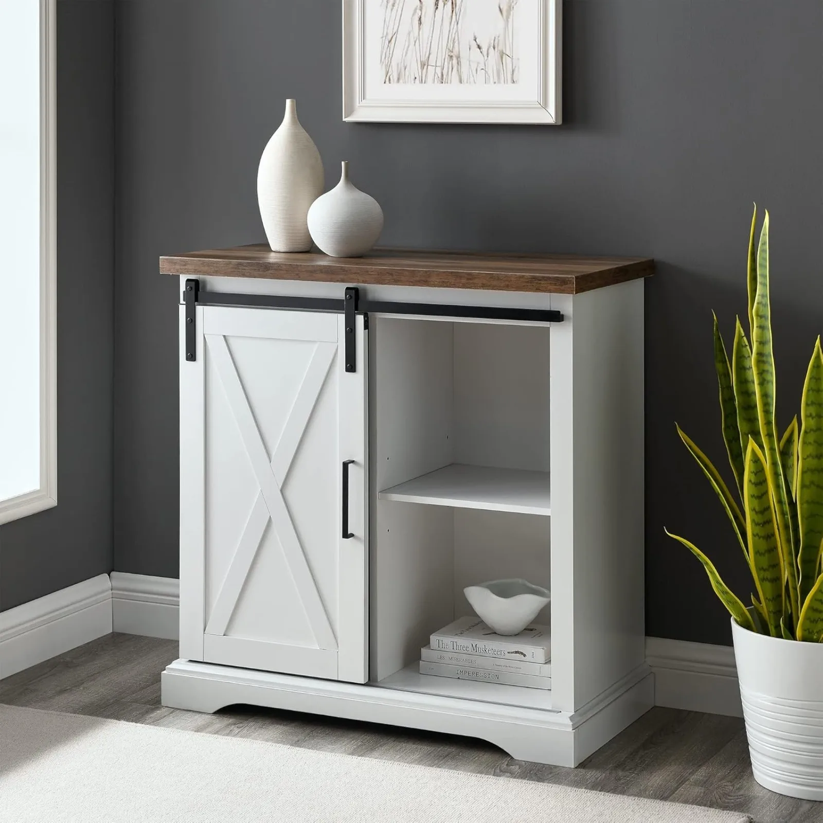 US Abbey Modern Farmhouse Sliding X Barn Door Accent Console, 32 Inch, White