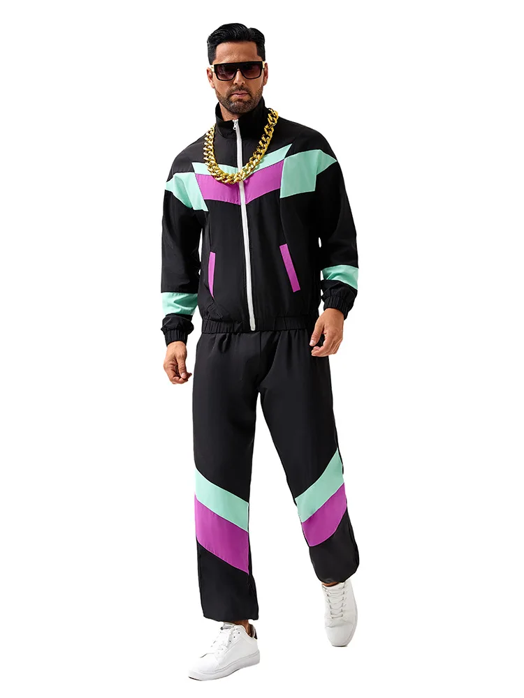 

Ретро-спортивный костюм в стиле диско 80-х, хип-хоп, для танцевальных выступлений, унисекс, уличная одежда, комплект из куртки и брюк
